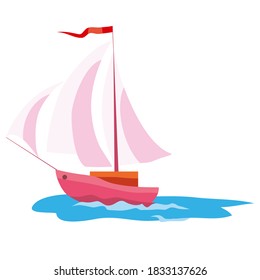 boat with pink sails, lifeboat, cartoon illustration, isolated object on white background, vector, eps