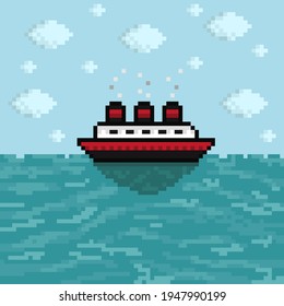 Boat pixel art. Ship pixel art. Vector illustration.