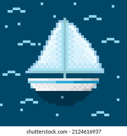 Boat pixel art. Ship pixel art. Vector illustration.