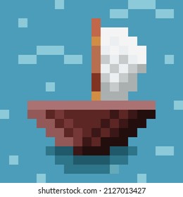 Boat pixel art. Ship pixel art. Vector illustration.