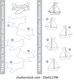 Boat and Plane with different shadows to find the correct one. Compare and connect object with it true shadow.