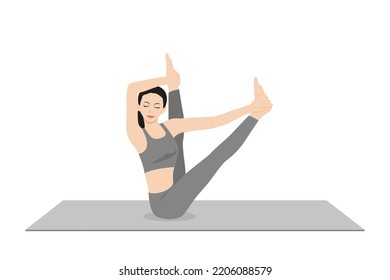 Boat Pose Twist Variation Hands To Feet. Beautiful girl practice Parivrtta Navasana Variation Hands To Feet. Young attractive woman practicing yoga exercise. working out, black wearing sportswear