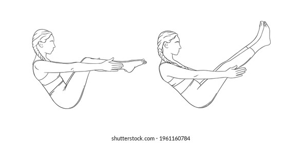 Boat pose variations for abs and balance. Navasana strengthing abs muscles. Sketch vector illustration