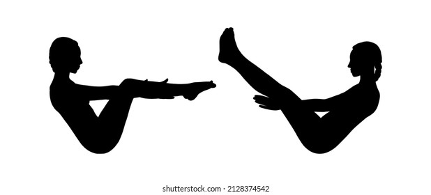 Boat pose variations for abs and balance. Woman silhouettes in Navasana strengthing abs muscles. Vector illustration isolated in white background