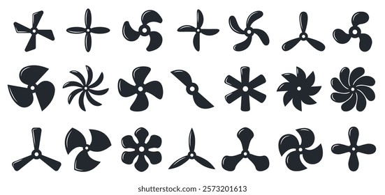 Boat propeller icons. Aircraft turbine rotor, ship marine engine screw, industrial ventilation blower, nautical aviation silhouette symbols. Vector isolated set.