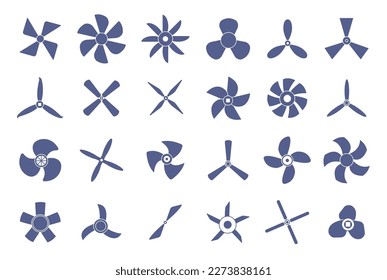 Boat propellers screws icon. Marine or airplane turbine screw symbols. Rotate ship motors, fan silhouettes set. Isolated flight blades decent vector set