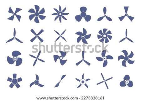 Boat propellers screws icon. Marine or airplane turbine screw symbols. Rotate ship motors, fan silhouettes set. Isolated flight blades decent vector set