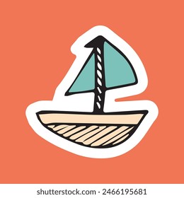 a boat. the raft. a toy boat. vector. sticker. doodle drawing. retro palette. with a white outline.