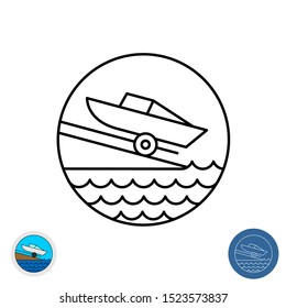 Boat Ramp Outline Icon. Motor Boat Slip Round Sign. Marina Launch Place Symbol With Water Waves.