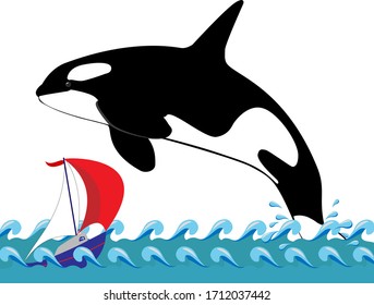 a boat of red color with sails sails goes into the sea of blue color with waves a killer whale swims towards it. World oceans day