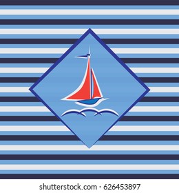 Boat with red sails. Marine emblem. Striped background. Stylized sailboat on the waves. Design for textiles, products for children.