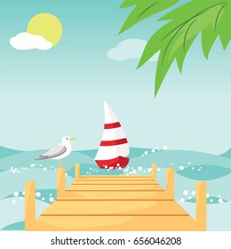Boat with red and white sail sailing through the ocean up to wooden pier, with seagull resting on it. Palm leaves, blue sky with sun and white puffy clouds are in the background. Vector illustration.