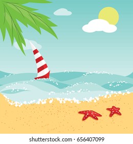 Boat with a red-white sail in the ocean sailing along the beach, with red starfishes on the sand. Palm leaves, blues sky, sun and puffy white clouds are in the background. Vector illustration.