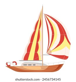 Boat with red-yellow sails, isolated on a white background.Vector illustration of a sea vessel for summer designs.