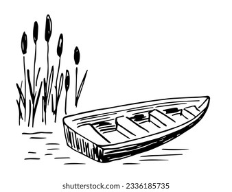 Boat in the reeds, lake shore. Nature and landscape, fishing. Simple black outline vector drawing. Sketch in ink.