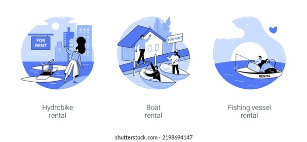 Boat rental isolated cartoon vector illustrations set. Smiling girl standing near rental hydrobike on the pier, diverse people rent a boat on vacation, fishing from marine vessel vector cartoon.