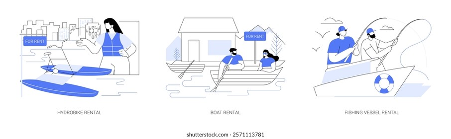 Boat rental isolated cartoon vector illustrations set. Smiling girl standing near rental hydrobike on the pier, diverse people rent a boat on vacation, fishing from marine vessel vector cartoon.