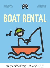 Boat Rental Service Camp Concept Vertical Invitation Placard Poster Banner Card Template. Vector illustration of Fishing