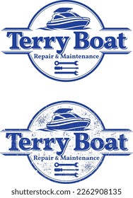 Boat repair and maintenance logo, clean and distressed versions 