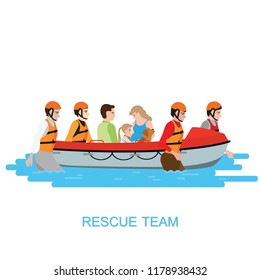 Boat rescue team helping people by pushing a boat through a flooded isolate on white, vector illustration.