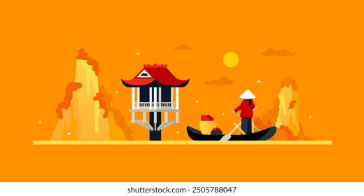 Boat ride to One Pillar Pagoda - colored vector illustration with buddhist shrine in the center of Hanoi and peasant woman in national dress, moving along the river at sunset or sunrise. Asian nature