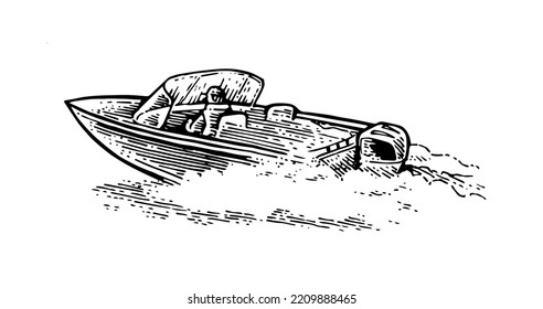Boat rides on waves. Back view. Small ship sails on sea, lake or river. Plastic composite boat with motor. Hand drawn outline sketch. Isolated on white background. Vector