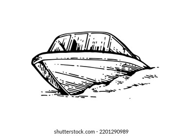 Boat rides on waves. Front view. Small ship sails on sea, lake or river. Plastic composite boat with motor. Hand drawn outline sketch. Isolated on white background. Vector.