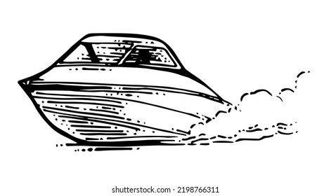 Boat rides on waves. Small ship sails on sea, lake or river. Plastic composite boat with motor. Hand drawn outline sketch. Isolated on white background. Vector