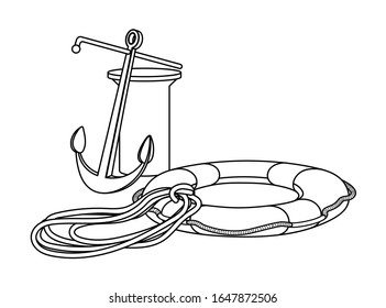 boat rigging elements for mooring, grapnel, life ring, rope, knecht, for emblem, logo, vector illustration with black contour lines isolated on white background in a hand drawn style