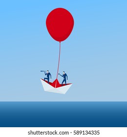 The Boat rises above with the red balloon. Business advantage opportunities and success concept. Cartoon Vector Illustration.