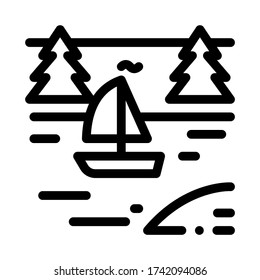 barco en el vector de icono del paisaje del río. barco en la señal del paisaje del río. ilustración de símbolo de contorno aislado