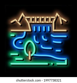 boat in river landscape neon light sign vector. Glowing bright icon boat in river landscape sign. transparent symbol illustration