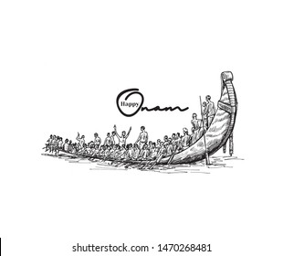 Barco en el río sobre fondo decorativo para el Festival Onam del Sur de la India, ilustración de Esbozo dibujado a mano.