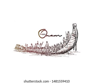 Boat at river on decorative background for South Indian Festival Onam, Hand Drawn Sketch Vector illustration.
