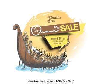 Boat at river on decorative background for South Indian Festival Onam, Hand Drawn Sketch Vector illustration.