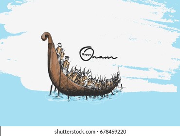Barco en el río sobre fondo decorativo para el Festival Onam del Sur de India.