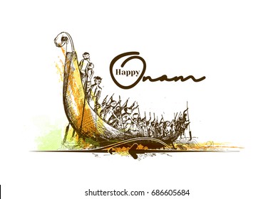 Boat at river on decorative background for South Indian Festival Onam. , Hand Drawn Sketch Vector illustration.