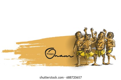 Boat at river on decorative background for South Indian Festival Onam. , Hand Drawn Sketch Vector illustration.