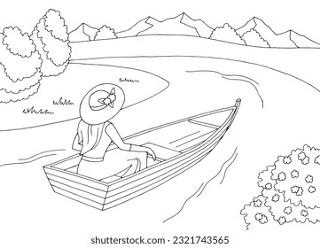 Boat river park woman rowing graphic black white landscape sketch illustration vector 