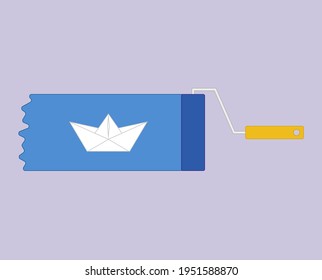 A boat with a roller and paint.