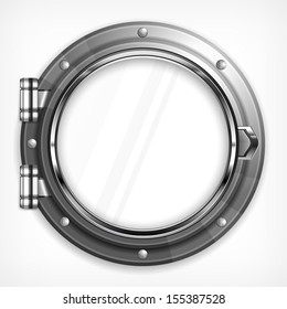 Boat round porthole seascape isolated on white, vector illustration