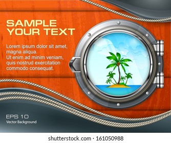 Boat round porthole seascape with palm on wooden & text, vector illustration