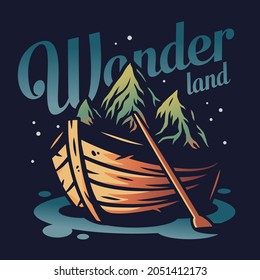Boat or rowboat with mountain. Nautical vessel for sea wanderer. Marine row ship for outside explore and travel for design print