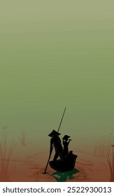 boat rower and flute player with green and orange gradient background