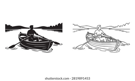 boat with rower on calm water illustration