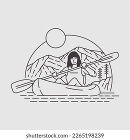 Boat Rowing Adventure with Mountains Background Monoline Design Illustration for Apparel