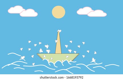 The boat is running on the sea and the fish is jumping.