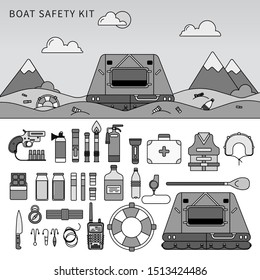 Boat safety kit. Different equipment for safety in the sea. Floating concept. Boat, life jacket, life buoy, fire-extinguishers, compass isolated on white. Line design