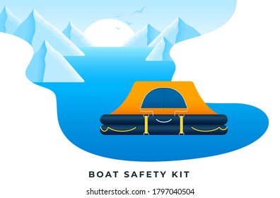 Boat safety kit. Mountain scenery and a lake in blue color vector flat illustration.