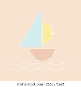 A boat with a sail on the background of the sun in the sea. Flat style.